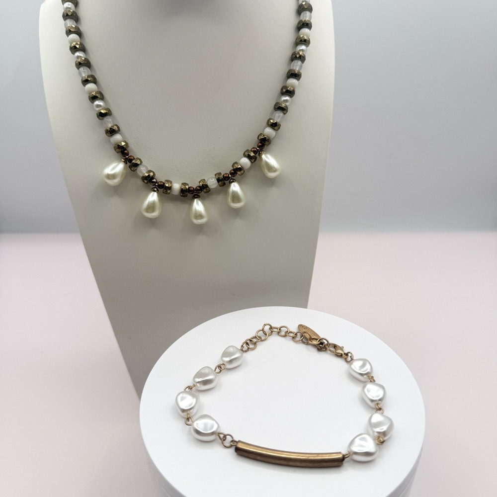 Vintage Faux Pearl Chunky Necklace & Bracelet Set Gold Tone Drops